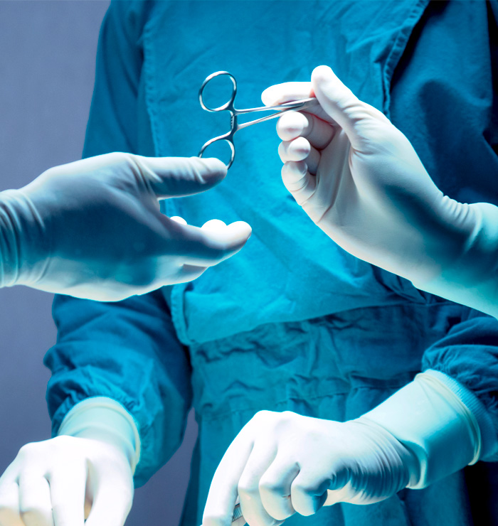 A gloved technician hands surgical instrument to a fellow colleague.